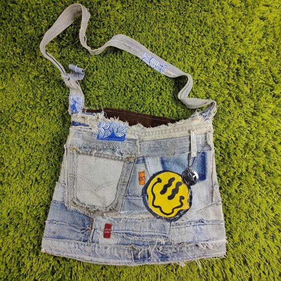 Handmade custom reworked 'Levi's' orange tab denim patchwork crossbody bag - Picture 1 of 4